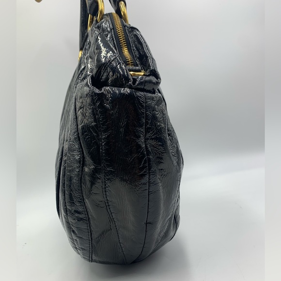 Auth Prada Black Patent Leather Whipstitch Tonal Stripe Satchel Lightweight - Picture 2 of 16